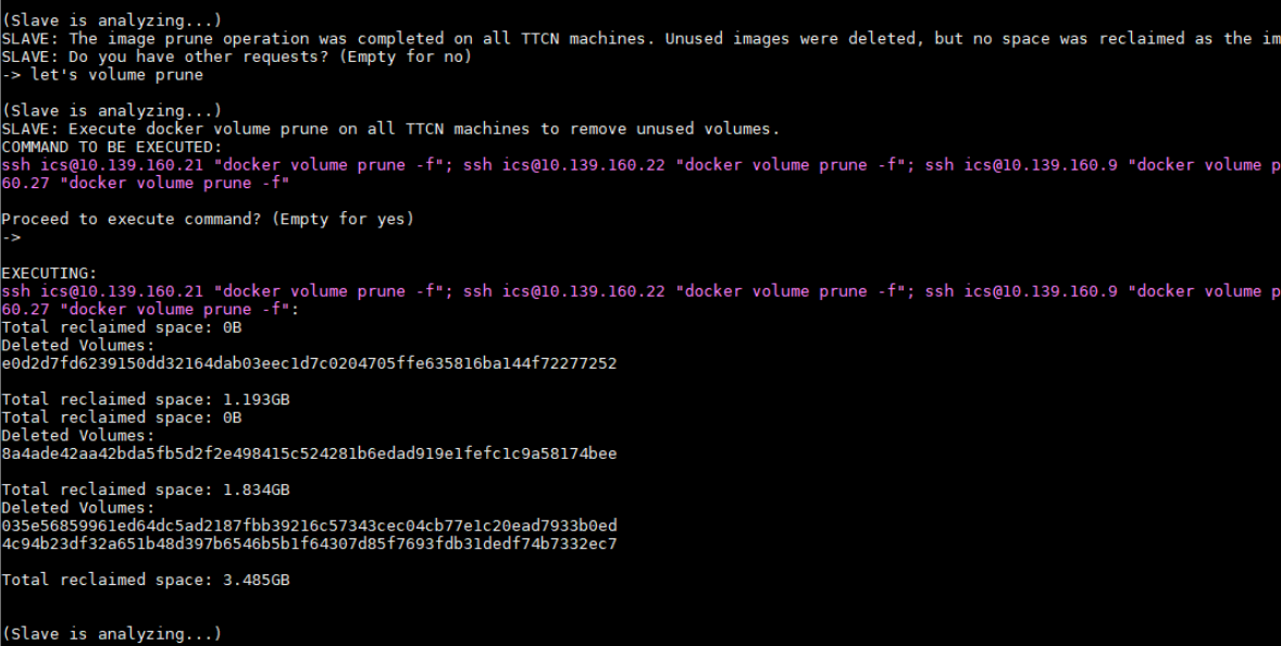 Screenshot of "Slave", generating and executing command to clean docker volume on multiple remote hosts