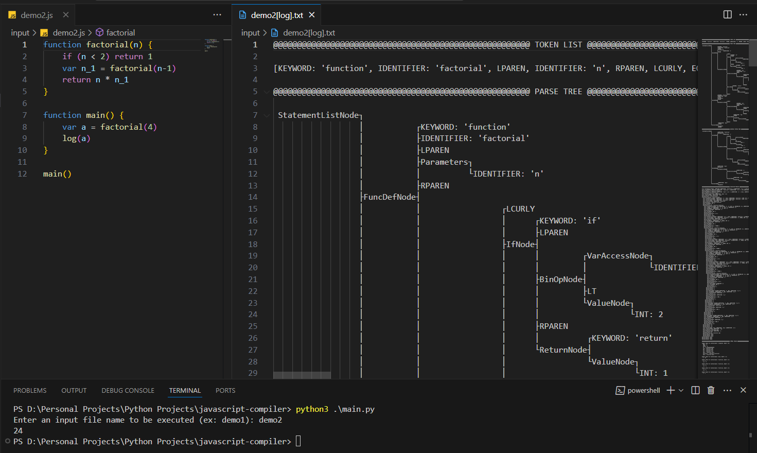 Demo example of a JavaScript factorial function being parsed, with detail log of tokens, syntax tree, and execution