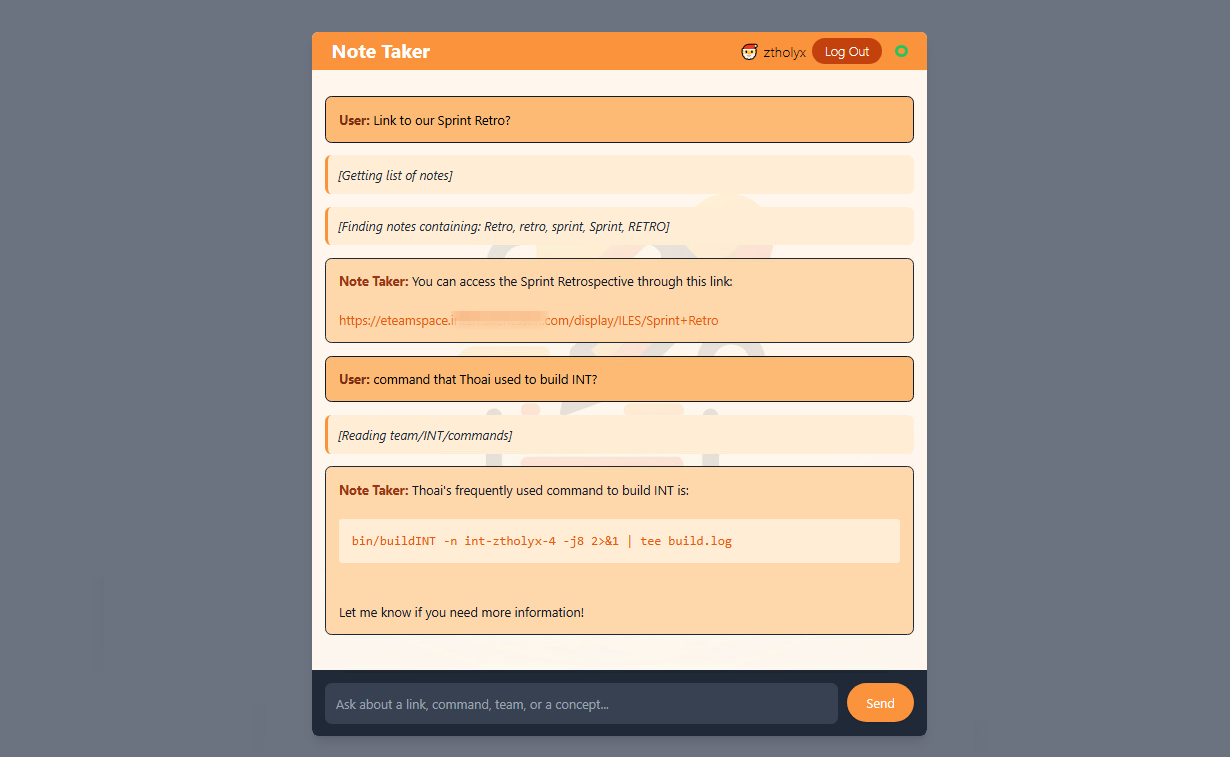 Questions about retrospective link, internal command posed to the AI Note Taker and its response