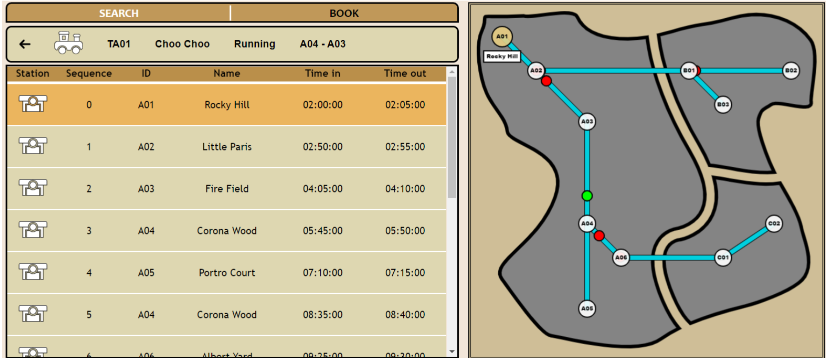 Screenshot of Railway Management System GUI where user are searching for the train schedule with the live map on the right