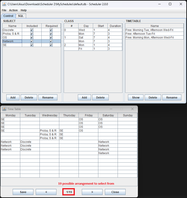 Screenshot of the Scheduler, above shows the main GUI for managing subjects, classes, time tables, and below shows the generated timetables