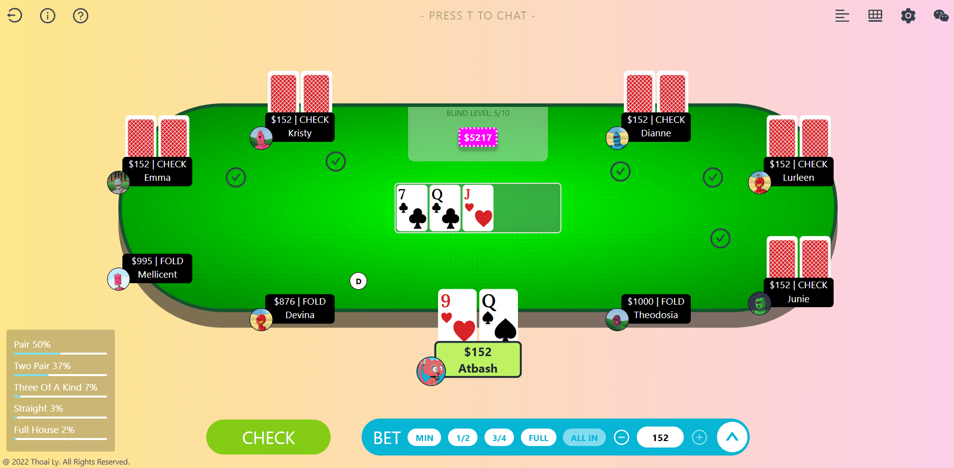 Screenshot during the game, 1 player and 8 bots, current turn belongs to the player and player is selecting the bet size